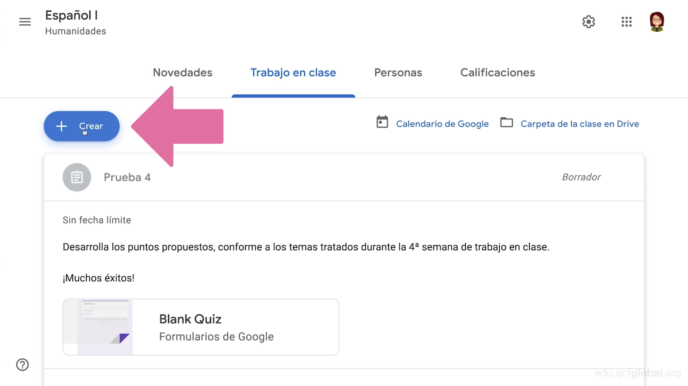 Abrir pestaña de trabajo y hacer clic en botón crear en Google Classroom